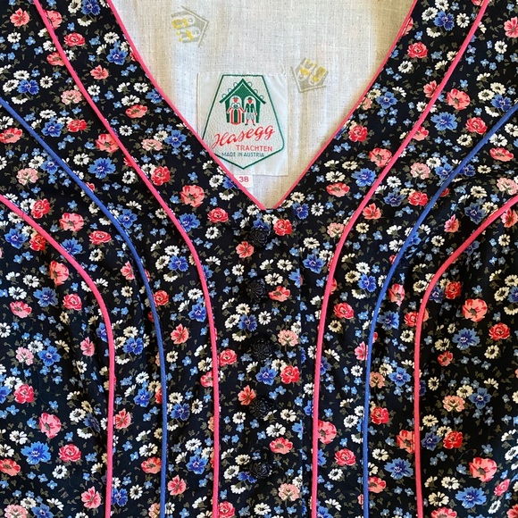 Vintage Austrian Cotton Midi Dress *Size 38* HASEGG Blue Pink Cottagecore Floral - Picture 5 of 9